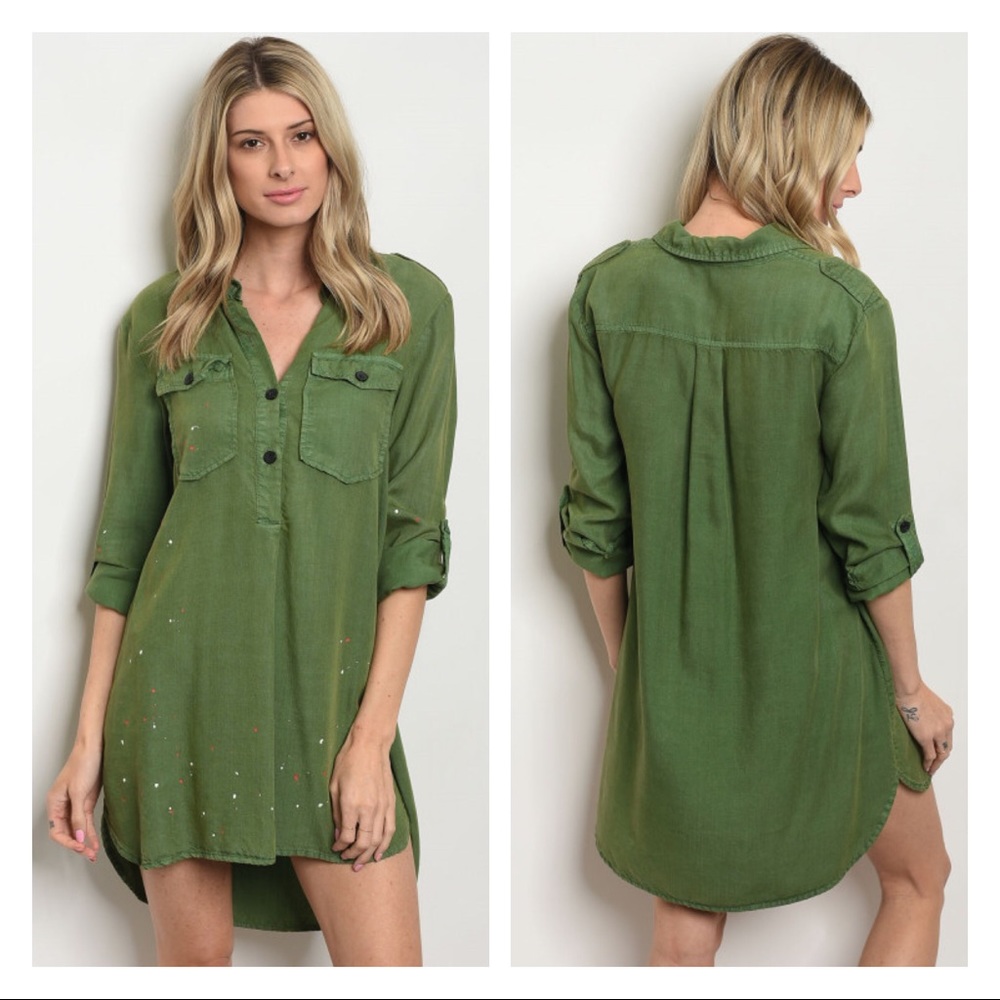 Green Button Front Military Shirt Dress